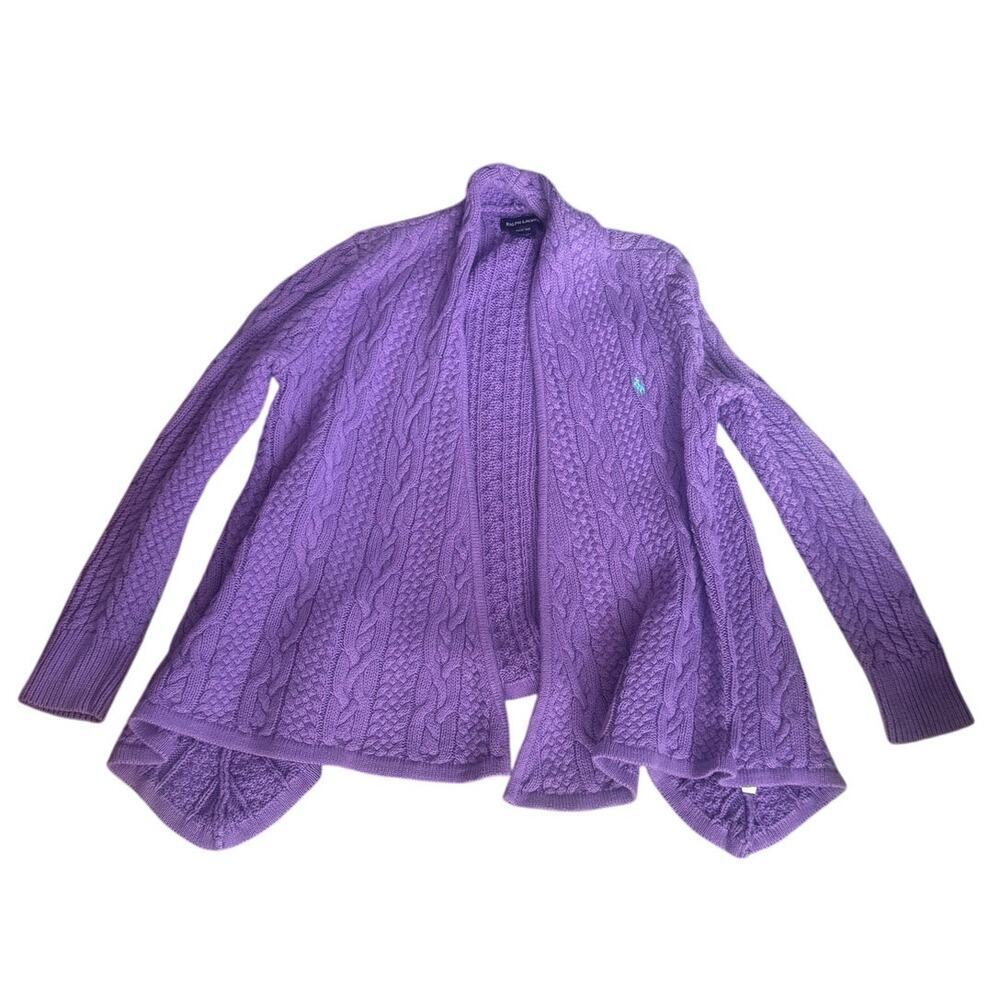 Ralph Lauren Girls M 8-10 Purple Cable Knit Open Front Cardigan 100% Cotton